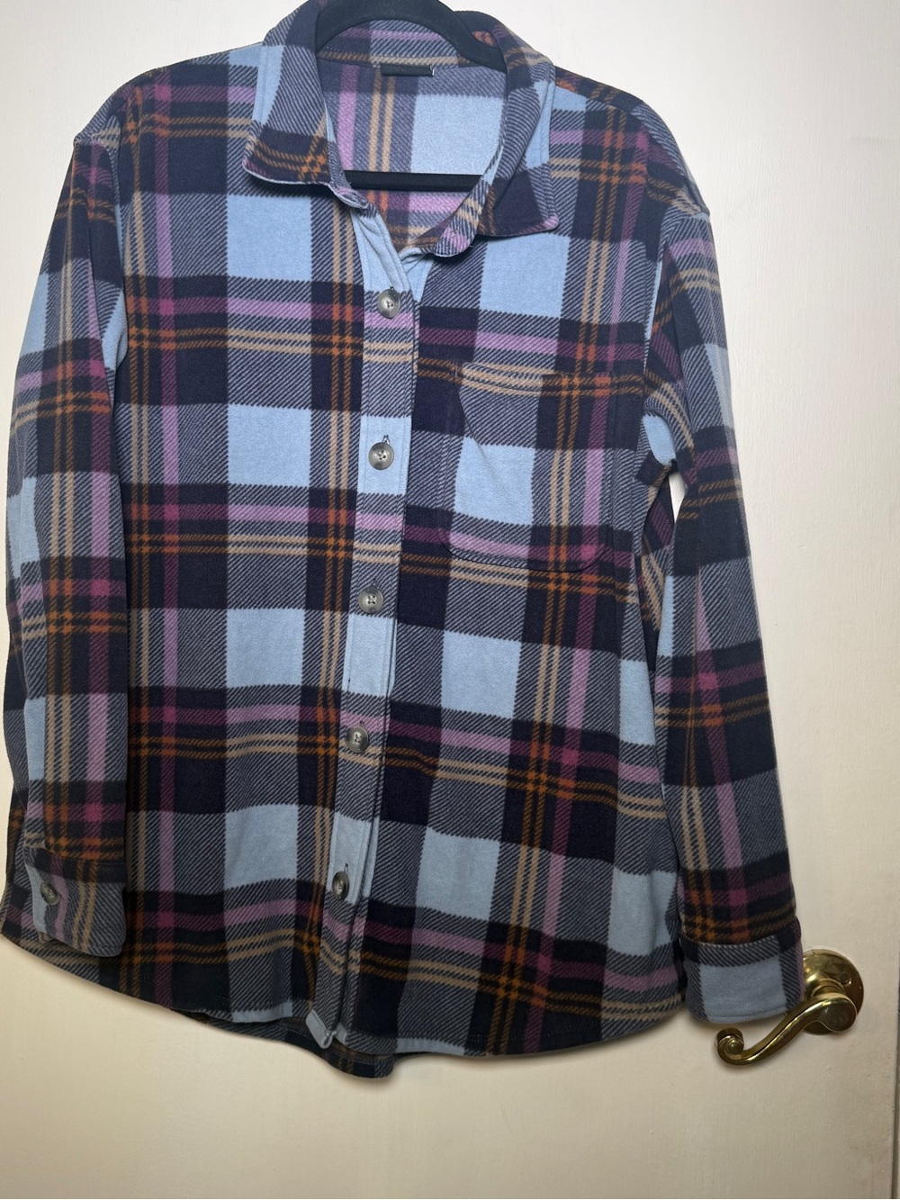 Eddie Bauer Women's Plaid Button-Up Shirt Jacket in Light Blue, Navy & Pink L